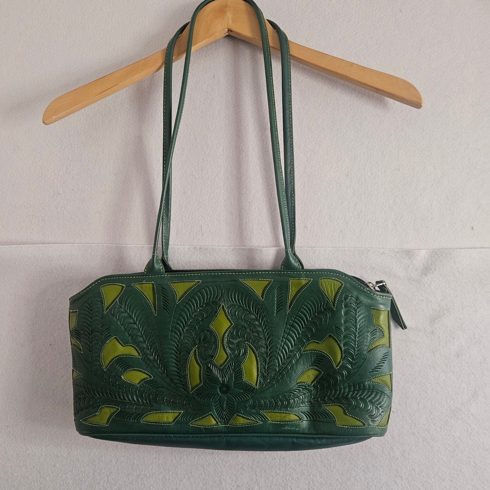 JL Saldivar Hand Tooled Green Leather Shoulder Bag Western Floral Artisan